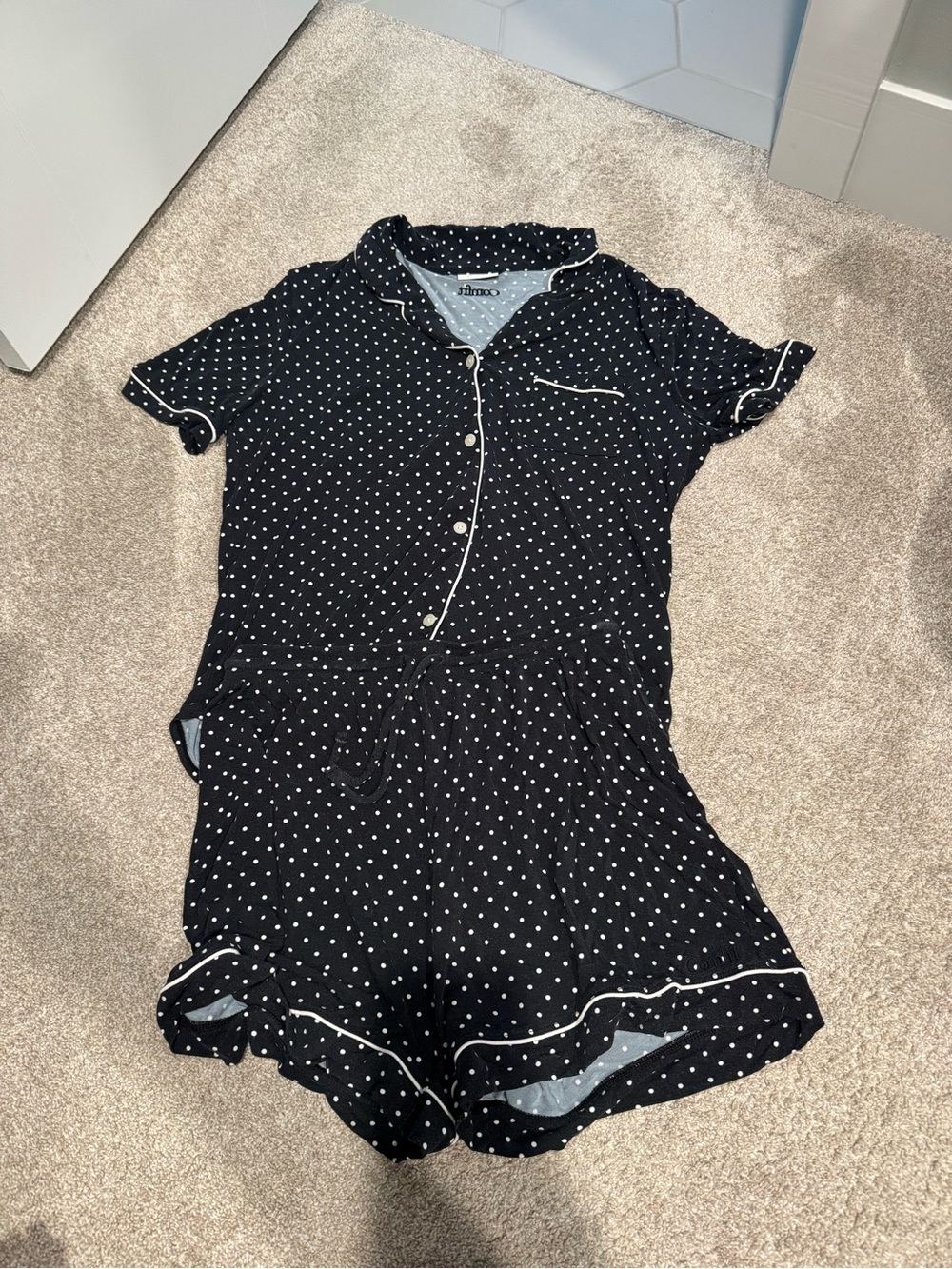 Women's Black Polka Dot Short-Sleeve Pajama Romper with White Piping